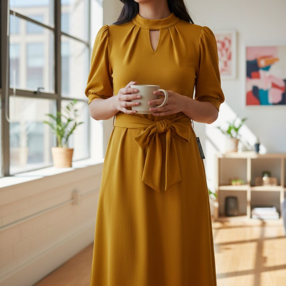 NY&C Womens Mustard Yellow Keyhole Neck Puff Sleeve Belted Midi Dress Size XXL - Picture 1 of 13